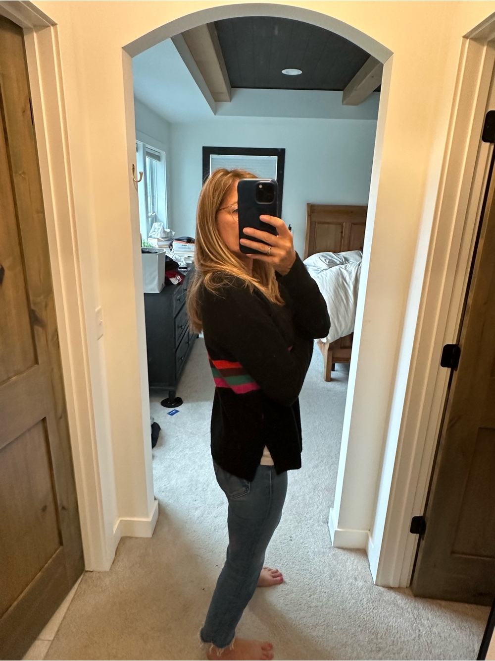 Allison Joy Black V-Neck Sweater with Colorful Stripes - Picture 6 of 6
